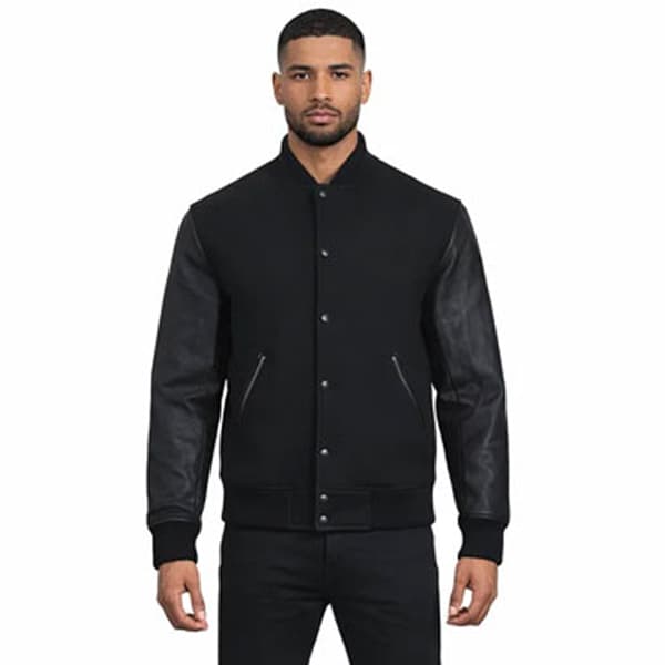 Black Wool Leather Varsity Bomber Jacket for Men 