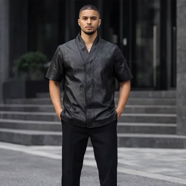 Black Python Leather Shirt for Men with Exotic Tailored Style