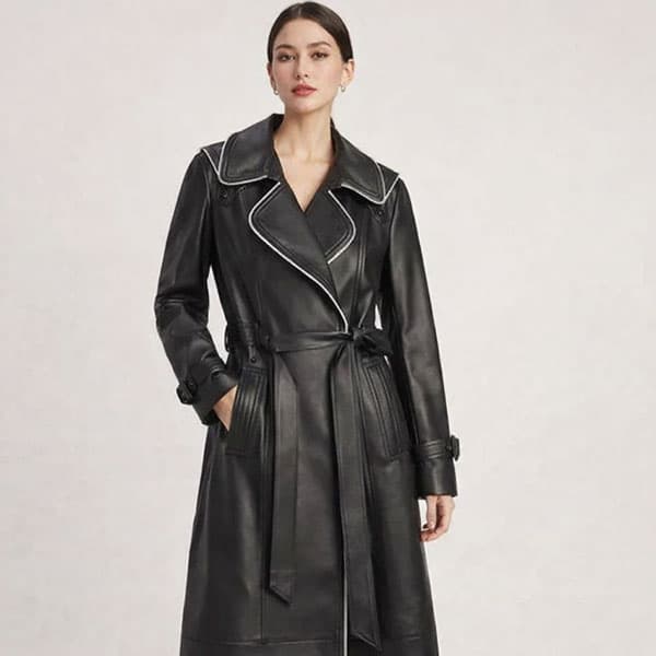 Women’s Contrast Edge Long Leather Coat - Sleek & Stylish Fit