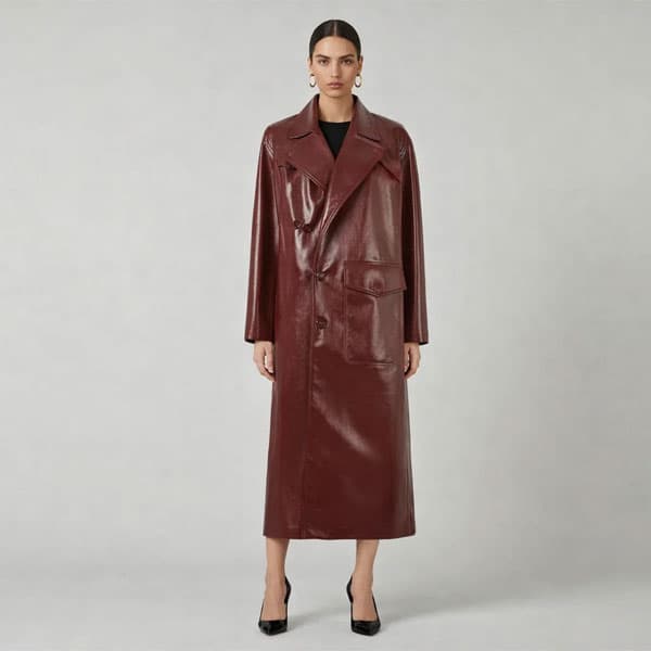 Elegant Leather Long Coat for Women - Timeless Burgundy Style
