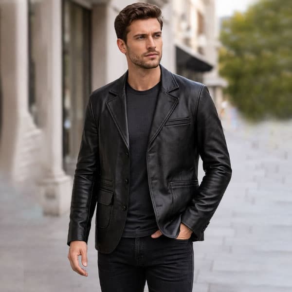 Men’s Black Leather Blazer With Tailored, Blazer-Style Cut