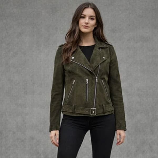 Women Olive Moto Leather Jacket with Belted Sleek Fit Style