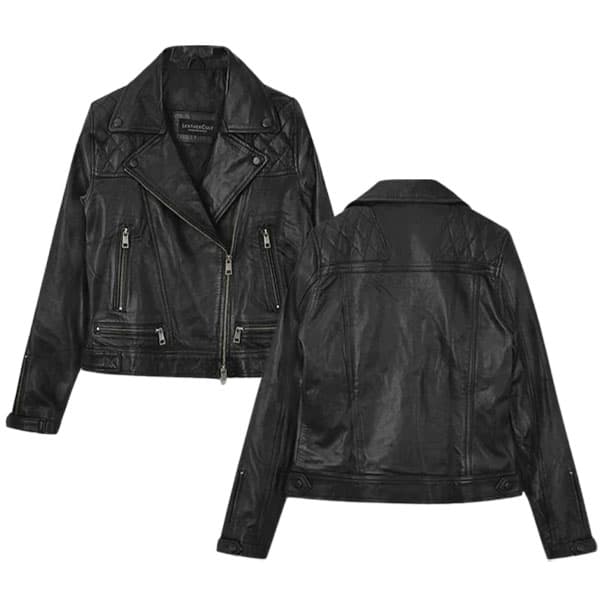 Women’s Black Leather Jacket Quilted Moto Look, Cropped Fit