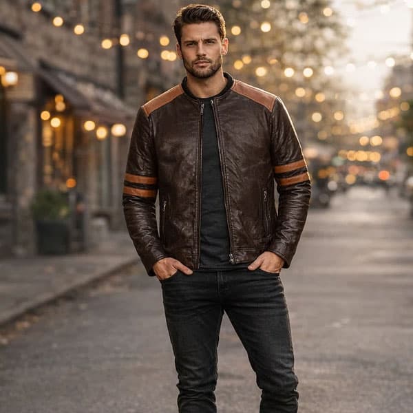 Slim Fit Collarless Leather Jacket for Men - Fighter-Inspired Style