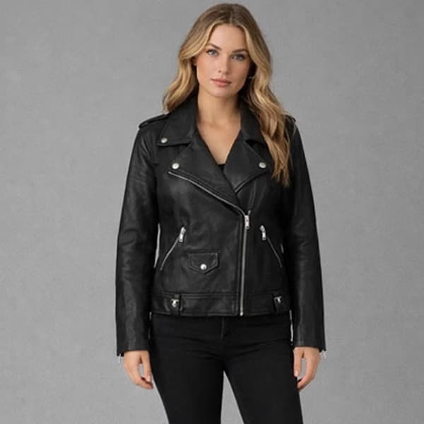 Sleek Black Leather Jacket with Classic Asymmetric Zipper