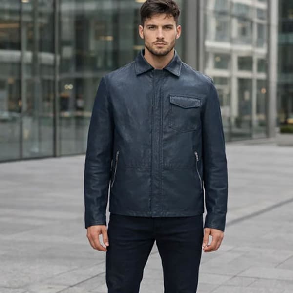 Men’s Blue Leather Snap Front Shirt | Classic Button Up Style