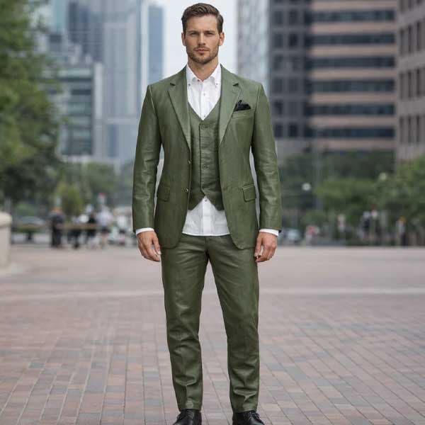 Pure Leather Basicallo Green Suit: Sharp Tailored Three-Piece Set