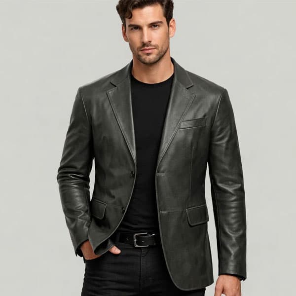 Charcoal Leather Blazer with Custom Tailored Fit All-Day Comfort