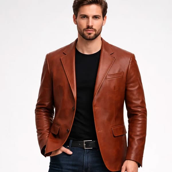 Rubbed Tan Brown Leather Blazer for Sharp Style and Comfort Fit