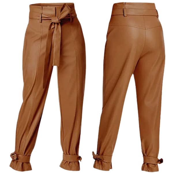 Tied Cuff Leather Pants | High-Waisted Belted Fit
