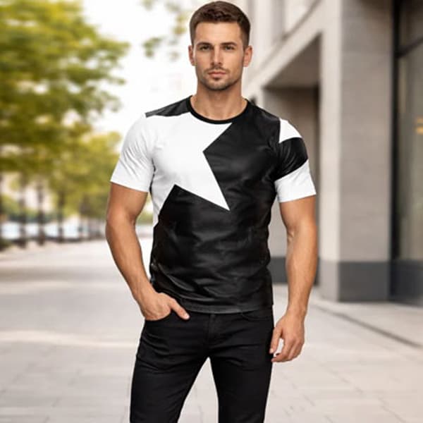 Victor Men's Black and White Leather T Shirt with Tailored Fit Look