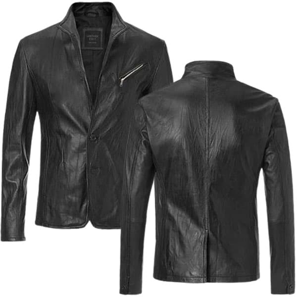 Zipper Leather Blazer with Zip Chest Pocket and Sleek Fit